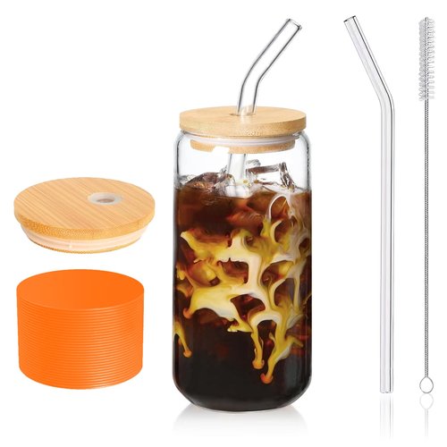 DAMCONME Glass Coffee Cup with Lid and Straw, 16 oz Reusable Glass Tumbler with Bamboo Lid, Orange Silicone Sleeve and Cleaning Brush, for Iced Coffee and Cold Brew, Orange