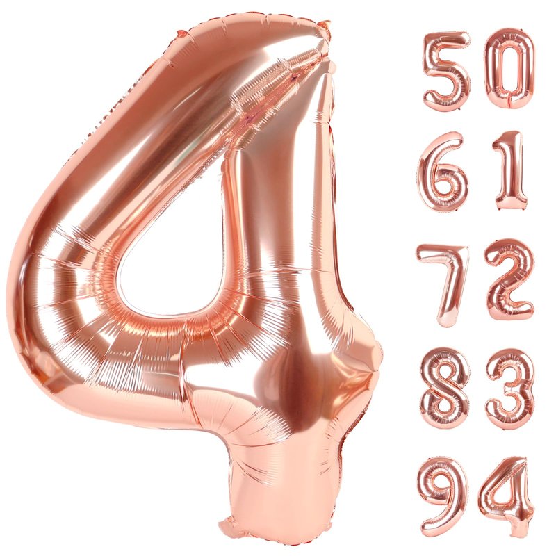 Rose Gold 4 Balloon, Number Balloons 40 Inch, 4th Birthday Decorations for Girls Boys, Four Large Numbers for Party Decor, Number 4 Balloon