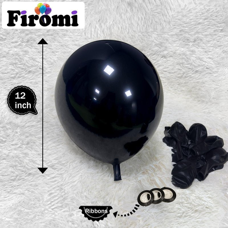 Firomi Black Balloons 12-inch 100 Pack Big Helium Round Black Metallic Thicken Latex Balloon for Birthday Party Balloons (with 3 Ribbons)