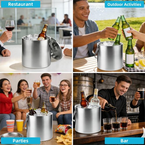 ChefBee Stainless Steel Ice Bucket - 3L Double-Wall Insulated Ice Buckets for Parties with Lid & Tongs, Large Champagne Wine Drink Container Holder, Ideal for Freezer Cocktail Home Bar Accessories