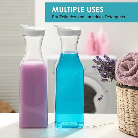 Plastic 4 Pack Large 50 Oz Water Carafe with Flip Top Lid, Square Base Juice Containers, Clear Plastic Pitcher - for Water, Iced Tea, Juice, Lemonade, Milk, Cold Brew and Mimosa Bar - HAND WASH ONLY