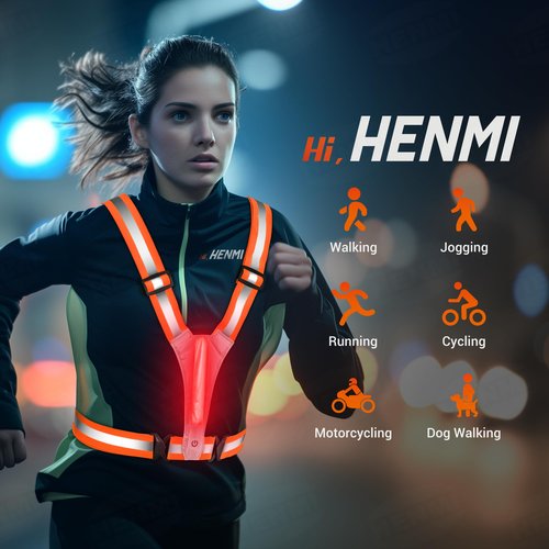 HENMI LED Reflective Running Vest,Rechargeable Running Gear,3 Lighting Modes and 5 Lights Colors Reflective Vest for Running Cycling Walking(Orange)