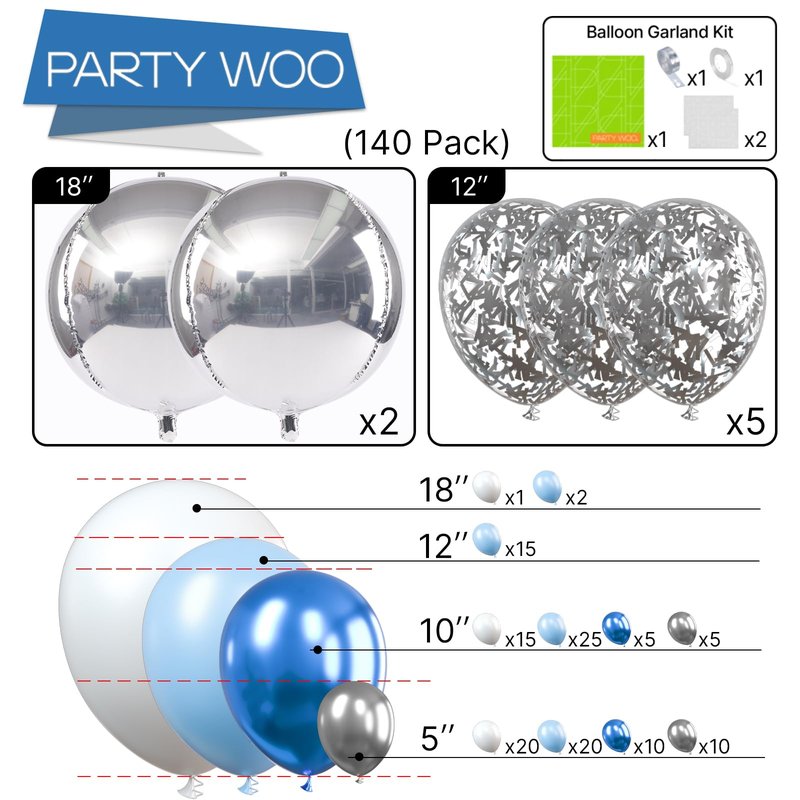 PartyWoo Blue White and Silver Balloon Arch Kit Garland 142pcs Different Sizes of 18 12 10 5 Inch Pastel Metallic Blue White Metallic Silver Confetti Balloons for Baby Shower Party Decorations