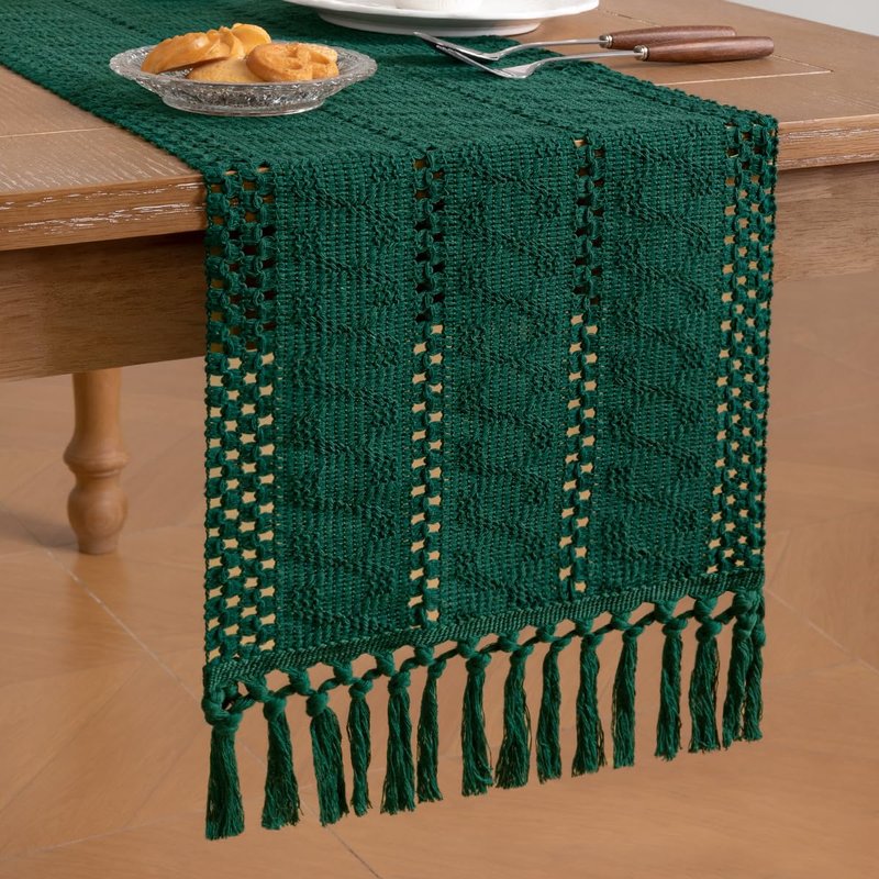 Socomi Boho Table Runner Summer Farmhouse Rustic Dining Kitchen Centerpiece Decor Small Macrame Woven Cotton Linen Coffee Table Runner for Dresser Scarf Home Decor 12x48 inch Emerald Green