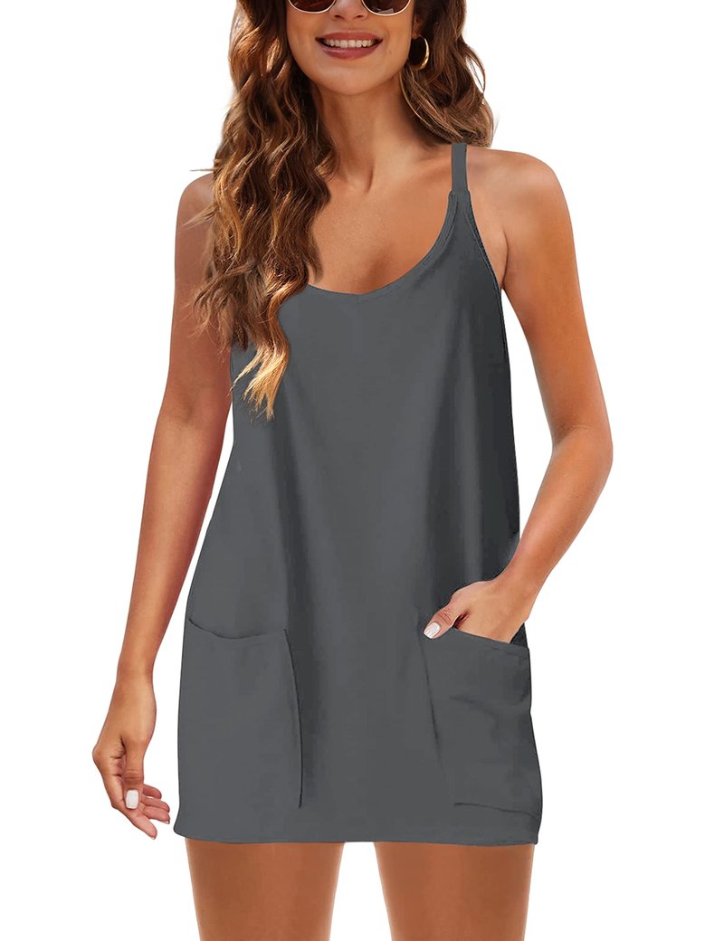 Lentta Womens Athletic Sleeveless Mini Dress with Built-in Shorts V Neck Spaghetti Strap Sundress(Darkgrey-S)