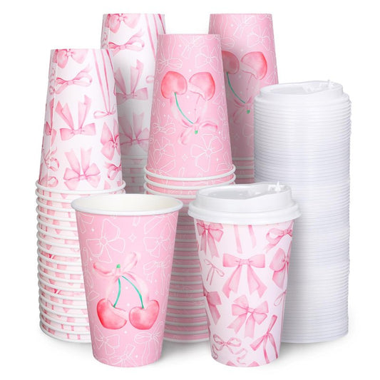 FYSUIMU 50 Pcs Pink Bow Coffee Paper Cups Cherry Bowknot Coquette 16 Oz Disposable Cups with Lids for Hot Cold Drinks Birthday Baby Shower Bachelorette Party Supplies, 2 Designs
