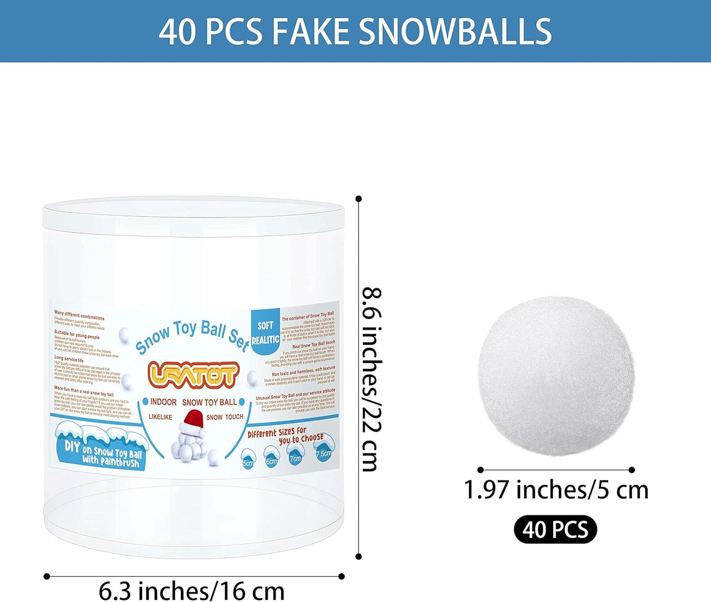 URATOT Snow Toy Balls - 40 Pack Plush Fake Snowballs for Kids' Indoor Winter Games | Soft & Safe