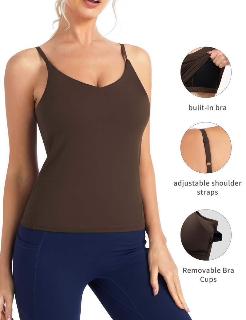 THE GYM PEOPLE Women's Longline V Neck Sports Bra with Removable Pads Adjustable Spaghetti Strap Yoga Workout Cami Tank Tops Brown