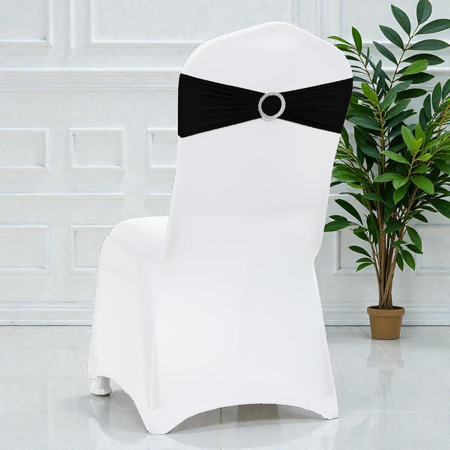 MDS Spandex Chair Sashes - Premium Stretch Covers with Buckle Slider for Weddings & Events | Black, Set of 75