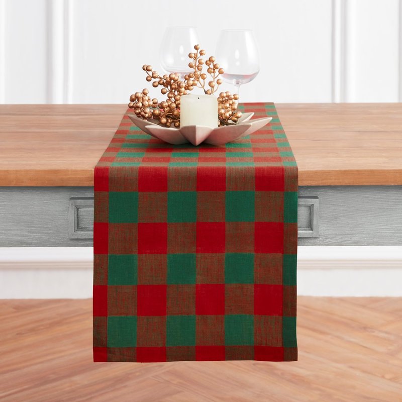 Solino Home Linen Checkered Table Runner 108 Inches Long - 100% Pure Linen Red and Green Buffalo Check Table Runner 14 x 108 Inch Ideal for Dining