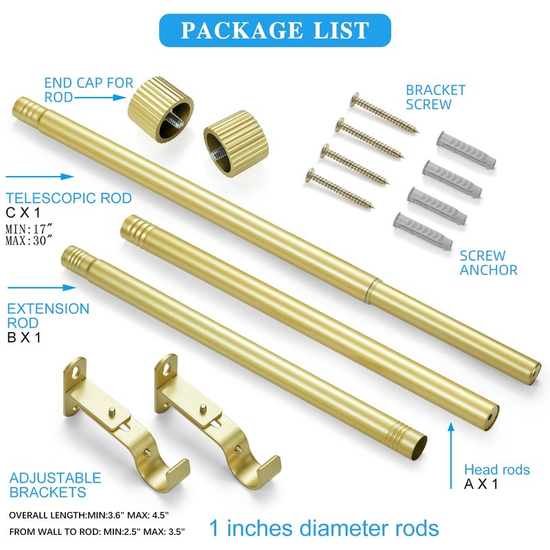 AMZSEVEN Curtain Rods for Windows, Drapery Rod 1 inch Diameter, Curtain Rod with Cylindrical Finials (Gold, 16" to 48" - 1'' rod)