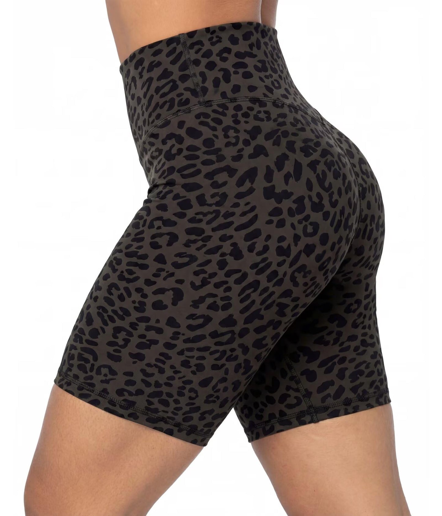Sunzel 8" Waist Biker Shorts for Women No Front Seam Soft Yoga Workout Gym Bike Shorts Tummy Control Squat Proof Leopard Seal Brown X-Small