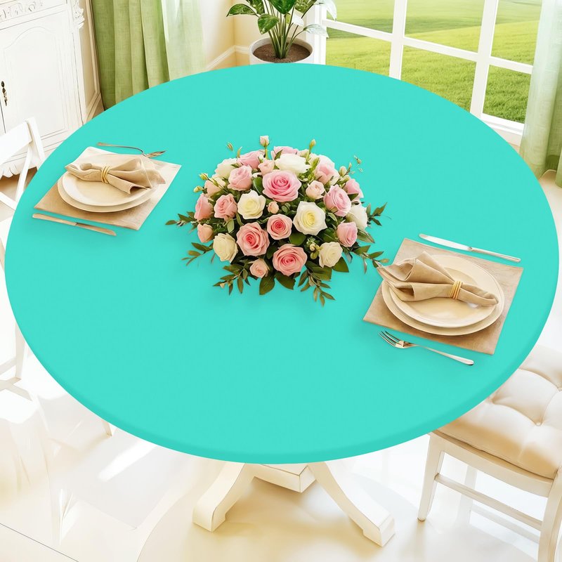 Moosfor Round Spandex Tablecloth, Elastic Fitted Waterproof Tablecloths for 57"-68" Tables, Stretch Washable Picnic Table Cover for Camping, Dining, Indoor and Outdoor,Aqua Blue