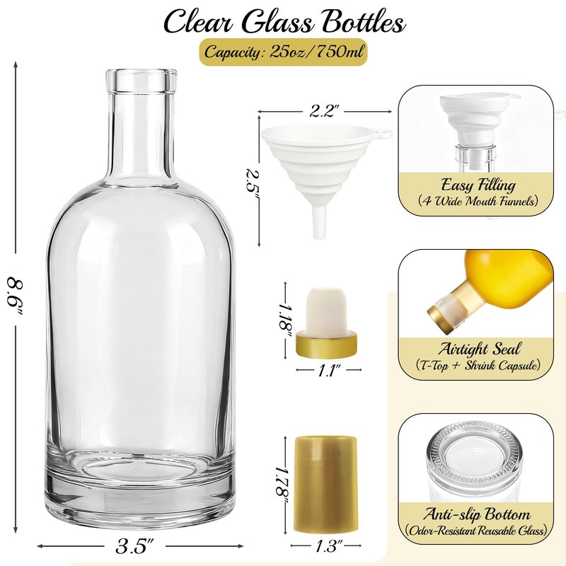 TBWIND 25 oz Clear Glass Bottles with Cork, 4 Pack Clear 750ml Liquor Bottles, Thick Heavy Base Airtight Wine Bottles for Beverages, Liquor, Whiskey, Oil, Vinegar, Wedding Favors & Crafts