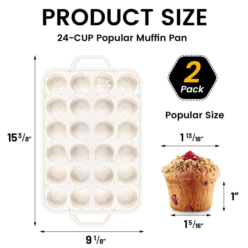 Vinino Mini Muffin Pan with Metal Reinforced Frame-2Pack, Silicone Cupcake Pan for Baking 24 Cup Mini Size, BPA Free Silicone Muffin Tray, Cupcake Baking Pan Molds for Oven Dishwasher Safe - Cream