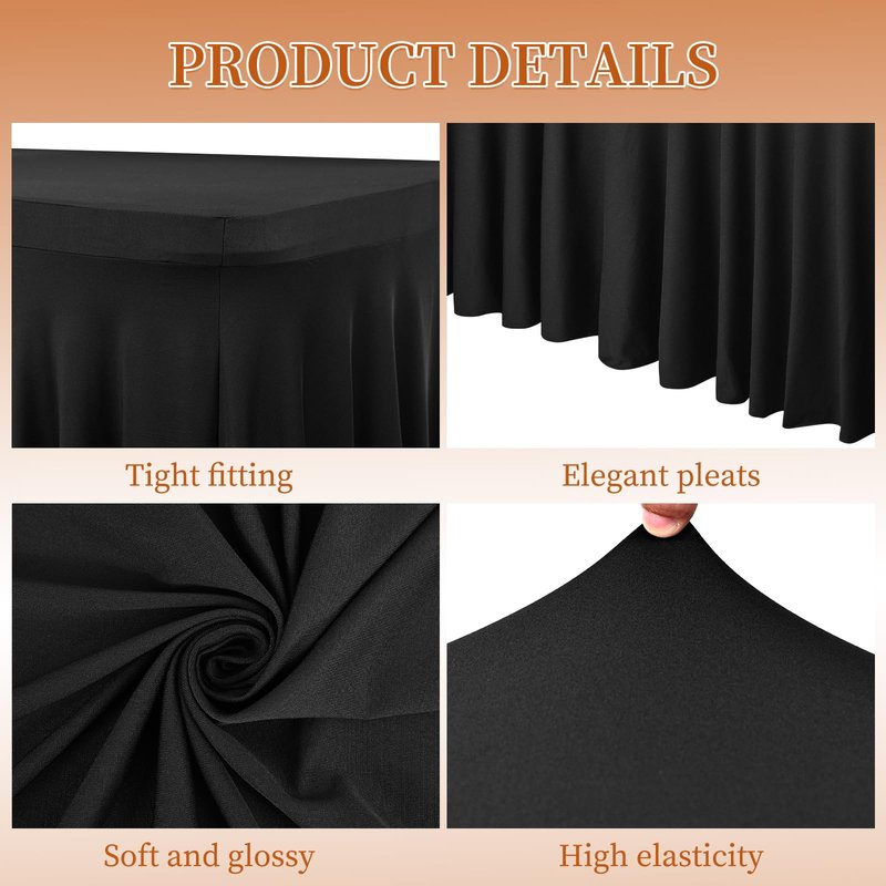 Pesonlook 6 Pack Spandex Table Skirt for 8 Ft Rectangle Tables, Black Fitted Stretch Tablecloth 30 x 96 Inch, Wrinkle Resistant Ruffle Design for Wedding Banquets, Birthday Party, Parties