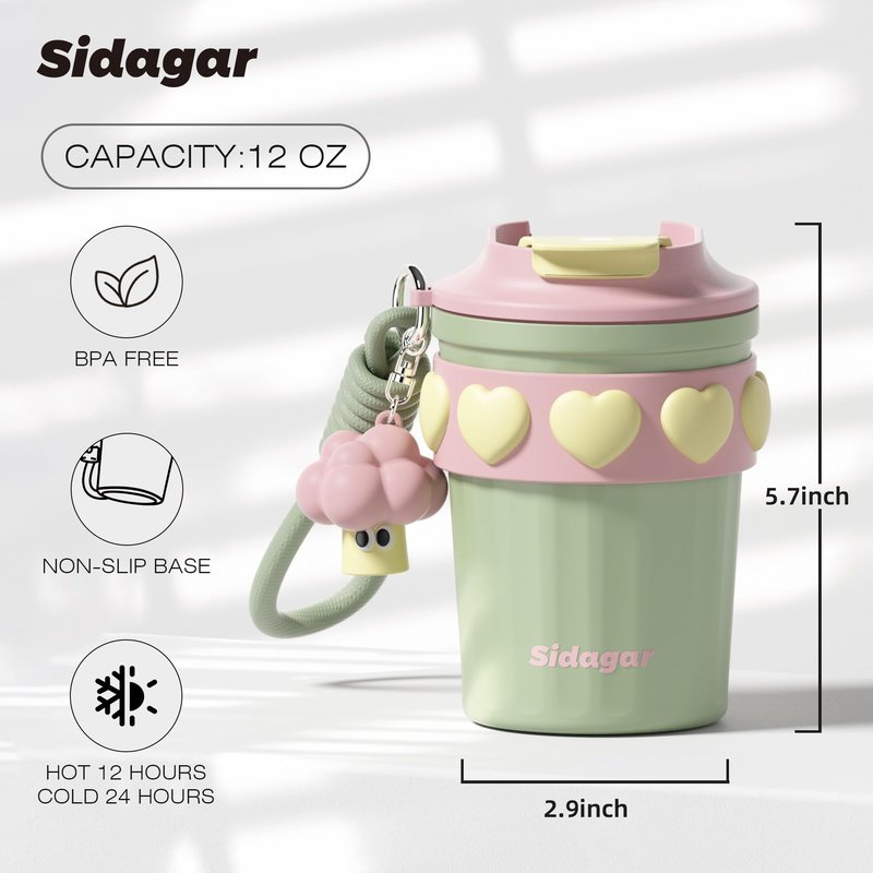 SDGA+ 12 oz Travel Coffee Mug Spill Proof Leak Proof, Stainless Steel Thermal Coffee Cup with Lid, Resuable Cup for Hot and Cold, Portable Tumbler for Women, Green