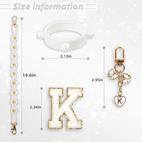 Cute Letter Charm Set Compatible with Owala Water Bottle 24 oz, 32 oz, 40 oz, Owala Kids, Owala Coffee Tumbler, Owala FreeSip – Includes Handle Strap, for Owala & Stanley Cup Accessories (White, K)