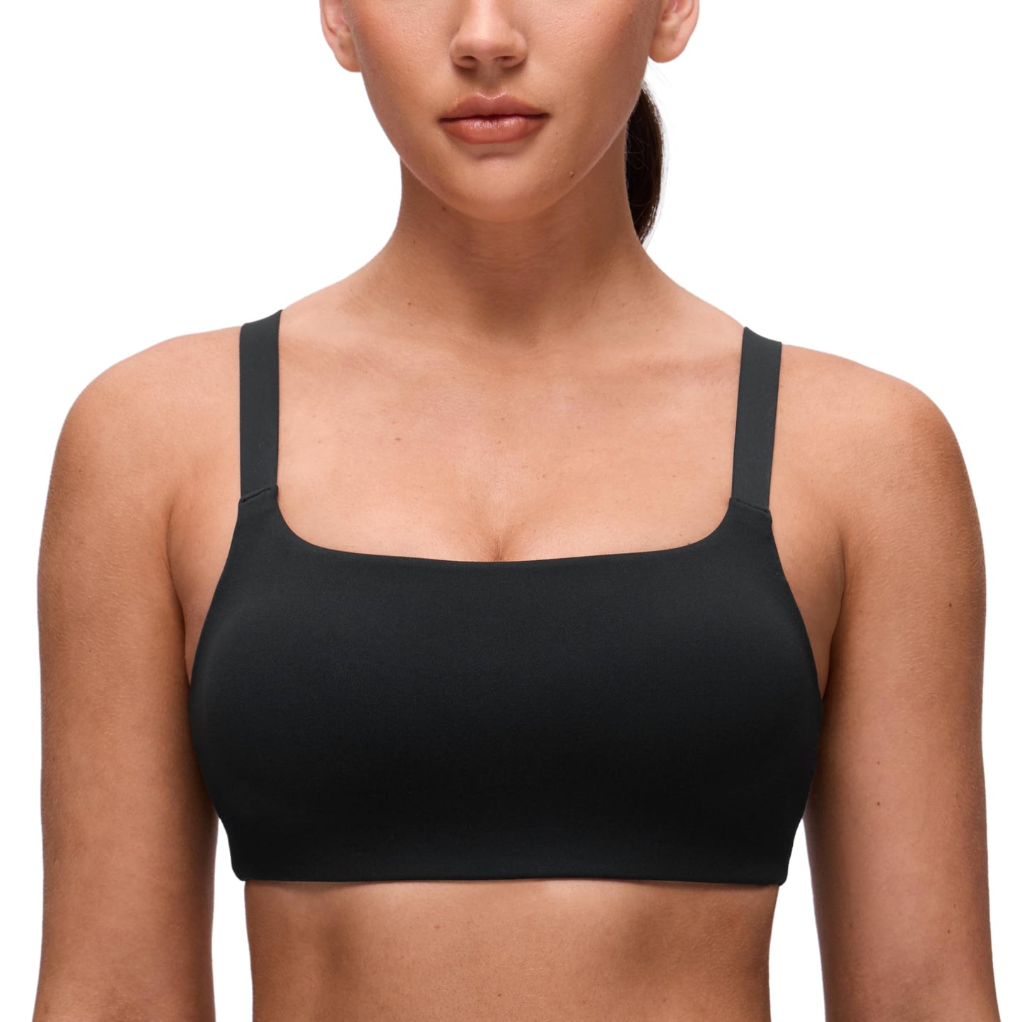 CRZ YOGA Butterluxe Adjustable Wide Strap Sports Bras for Women - Square Back Padded Scoop Neck Yoga Top Black Small