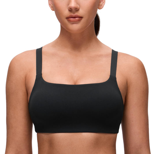 CRZ YOGA Butterluxe Adjustable Wide Strap Sports Bras for Women - Square Back Padded Scoop Neck Yoga Top Black Small