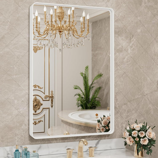 LOAAO Bathroom Mirror - 30x36 Inch White Metal Framed Vanity Mirror | Large Rounded Rectangle, Anti-Rust Tempered Glass, Versatile Hanging Options