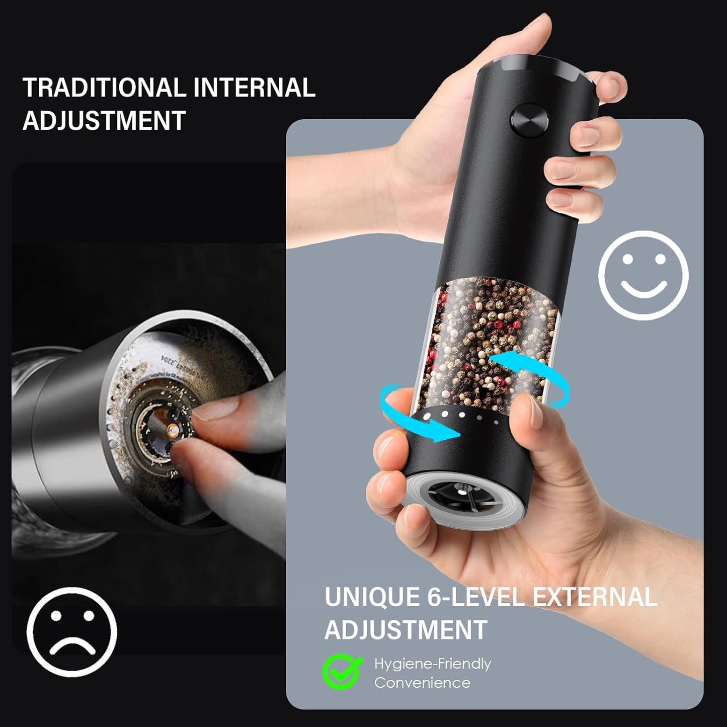 Skiennix Electric Salt and Pepper Grinder Set - Automatic Shakers with 6-Level Coarseness | Black
