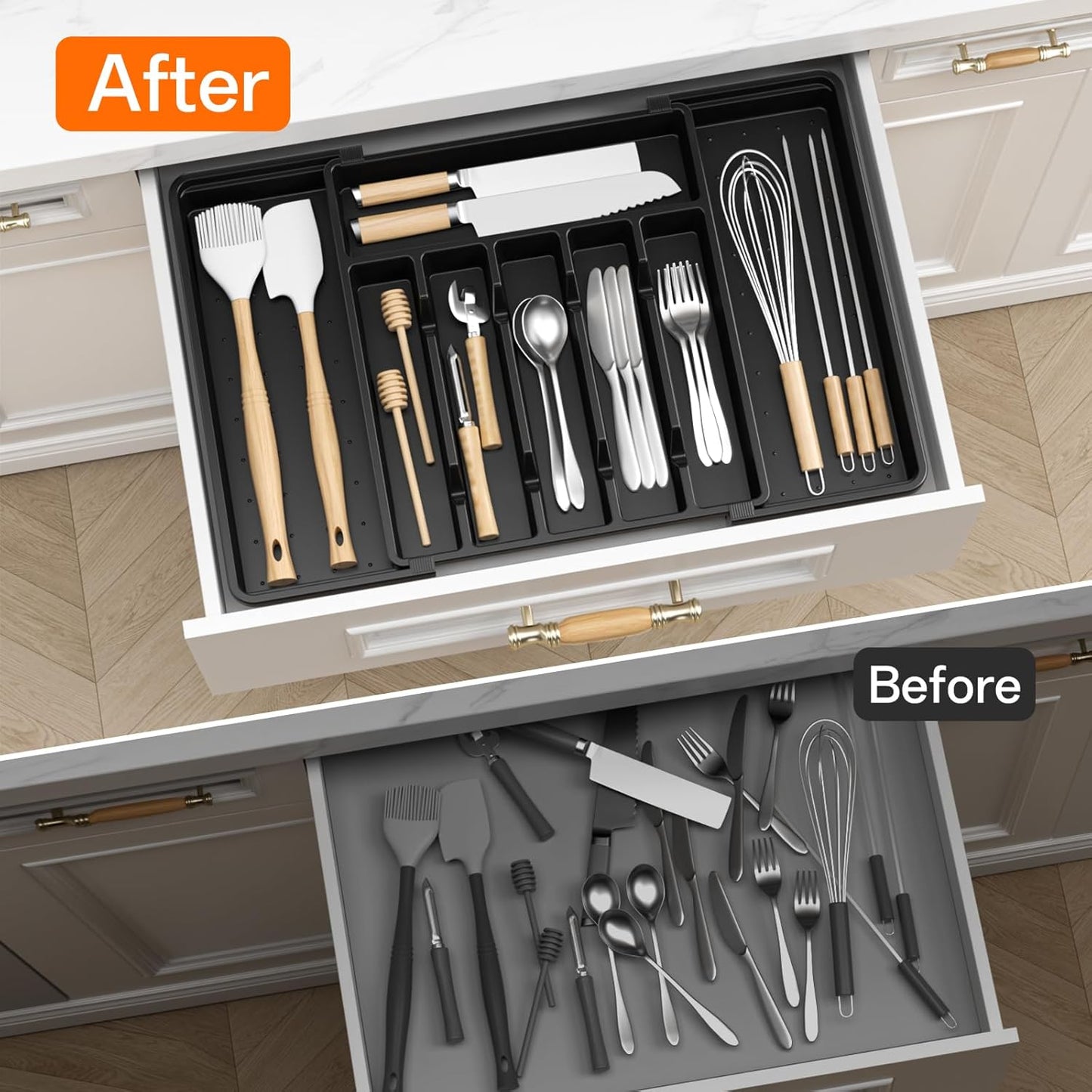 RoomHacks Large Expandable Silverware Organizer - Adjustable BPA-Free Utensil Holder for Kitchen, Black (6-8 Slots)