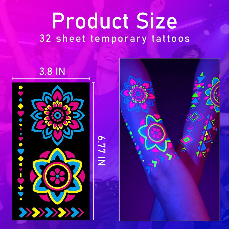 Glow in the Dark Party Supplies Temporary Tattoos 192+ PCS, Neon UV Blacklight Reactive Face Tattoos for for Party Supplies, Fluorescent Henna Flower Temporary Tattoos for Adults, Teens