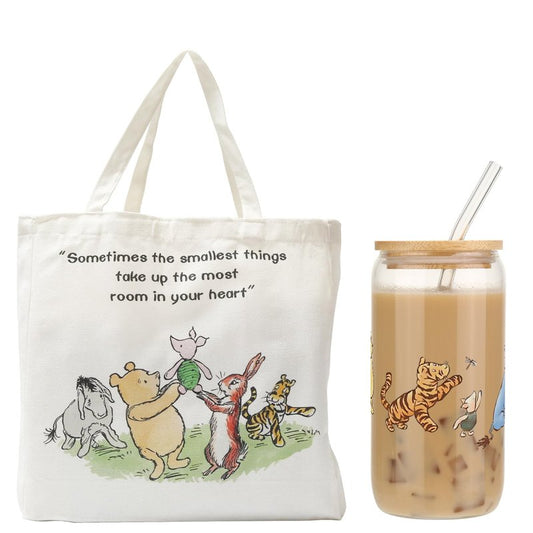 MRYAWXBK Pooh Bear Gifts for Women Friends, Pooh Bear Inspirational Canvas Tote Bag 16oz Iced Glass Cup Friendship Gift Set Gifts for Best Friends
