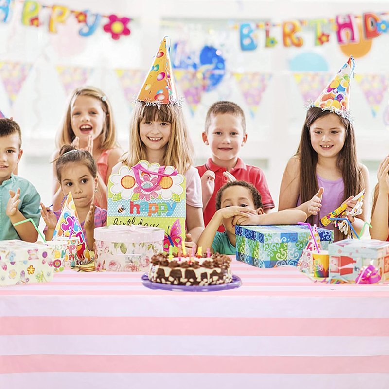Kesfey 3 Packs Pink and White Vertical Striped Tablecloth 54 x 108 Inch Pink Stripe Table Cloths Disposable Plastic Stripe Table Covers Waterproof Pink Striped Picnic Table Cover for Birthday Party