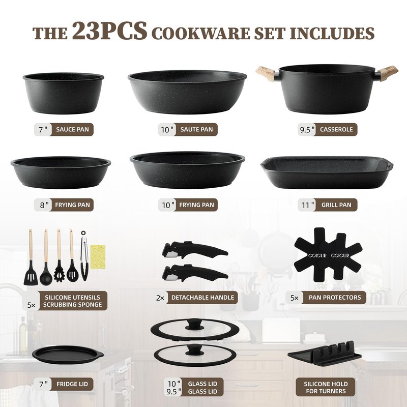 23Pcs Ceramic Cookware Set Non Stick Pots and Pans Set Non Toxic with Detachable Handle Induction Kitchen Cookware Set Space Saving, Oven & Dishwasher Safe, Black