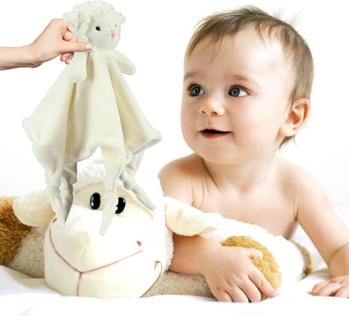 CREVENT Cozy Plush Baby Security Blanket - Soft Minky Lovey with Animal Face (Ivory Sheep)