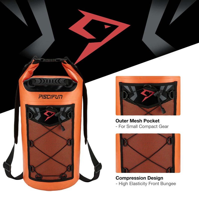 Piscifun Dry Bag, Waterproof Floating Backpack 10L with Waterproof Phone Case for Boating, Kayaking, Fishing, Orange 10L