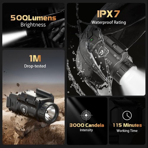 WARRIORLAND MB2 Compact Pistol Light, Fits G17 /G19 /P320 /G3C /G2C /M&P 9 /Hellcat Pro/1911 and Other 100+ Handguns, 500-Lumen Universal Rail Mounted Tactical Weapon Light with LED, Power Indicator