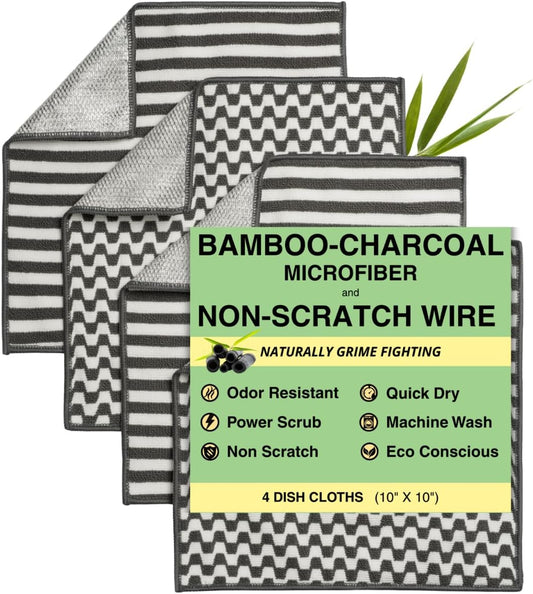 Severn Dish Cloths - Odor-Resistant 4-Pack Kitchen Cleaning Rags with Non-Scratch Scrubber | Bamboo-Charcoal Microfiber