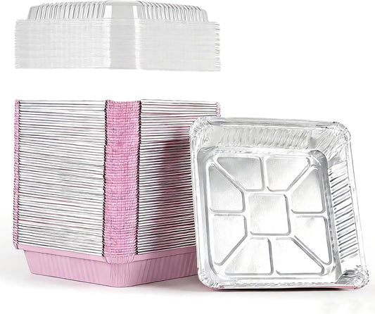 Skiennix 8x8 Square Aluminum Baking Cake Pans - 40 Pack with Clear Lids for Easy Food Storage