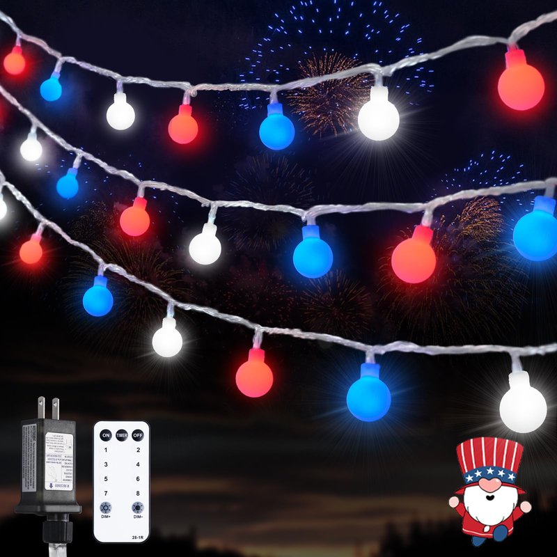 JMEXSUSS Connectable Red White and Blue Lights Indoor Outdoor, 100 LED 33ft 4th of July Decorations Light Plug in, 8 Modes Globe String Lights with Remote for Independence Day Party Patriotic Decor