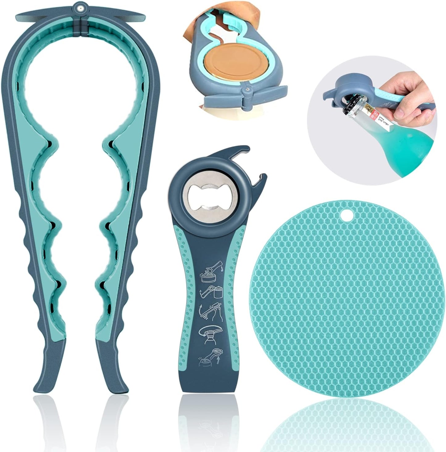 Skiennix Jar Opener - 5-in-1 Multi-Function Lid Opener for Seniors with Arthritis | Non-Slip Grip Pad (Blue)