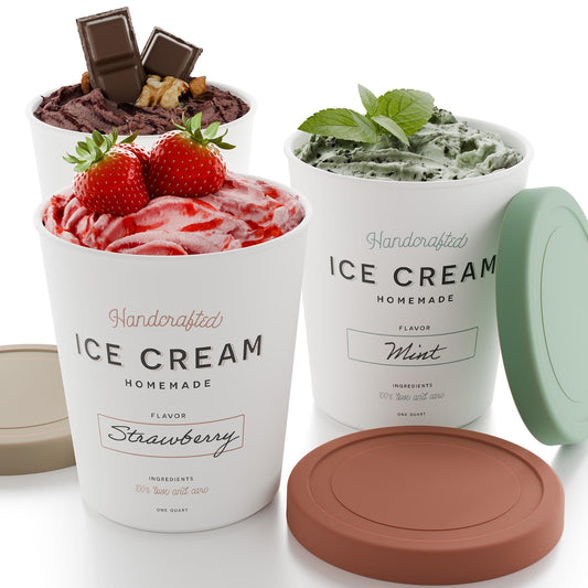 ZICOTO Set of 3 Reusable Ice Cream Containers 1 Quarts ea. - Perfect for Homemade Sorbet, Frozen Yogurt Or Gelato - Stackable Storage Pint Containers, Stickers And Lids Stores Easily In Freezer