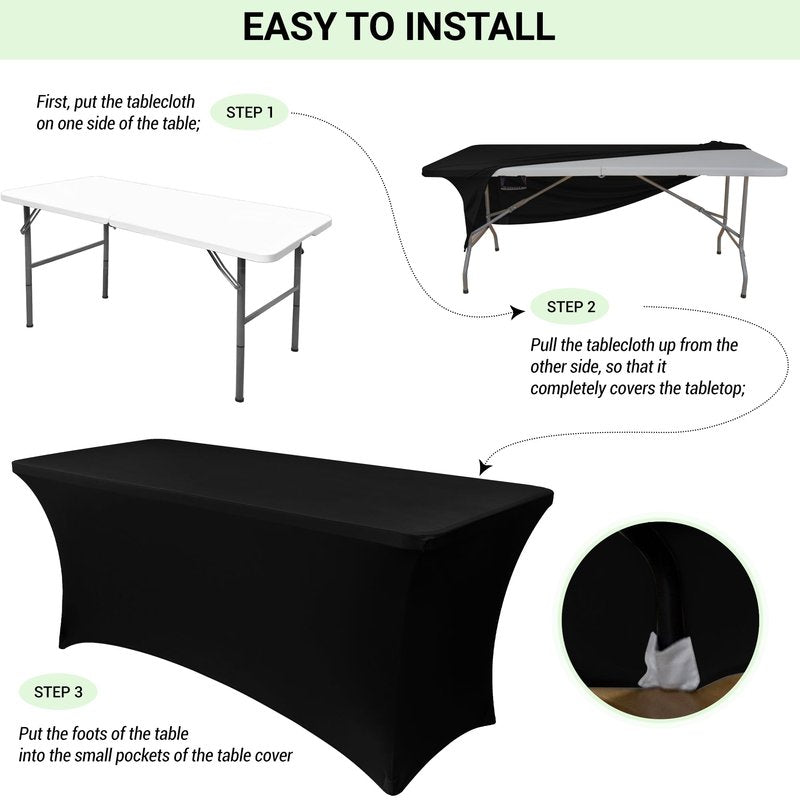 Obstal 8Ft Stretch White Spandex Table Cover for Standard Folding Tables - 2 Pack Universal Rectangular Fitted Tablecloth for Party, Banquet, Events, Trade Show (White, 96L x 30W x 30H Inches)