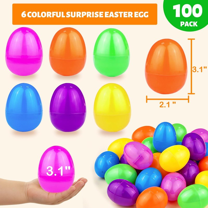 AMENON 100 Pcs 3.1 Inch Large Plastic Easter Eggs Bulk 6 Colors Empty Easter Eggs Fillable, Easter Basket Stuffers Fillers, Easter Hunt Party Favor , Classroom Prize Supplies Kids Toddler