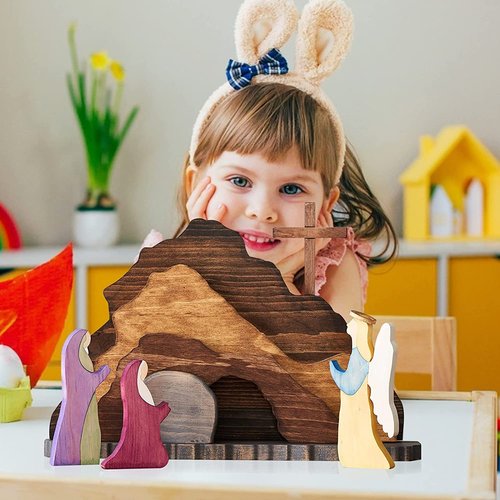 Easter Scene Wooden Decoration, Easter Religious Jesus Nativity Scene Decoration, Manger Creche Nativity Scene Montessori Inspired Wedding, Spring Christian Home Figurine Ornament Cross Easter Craft