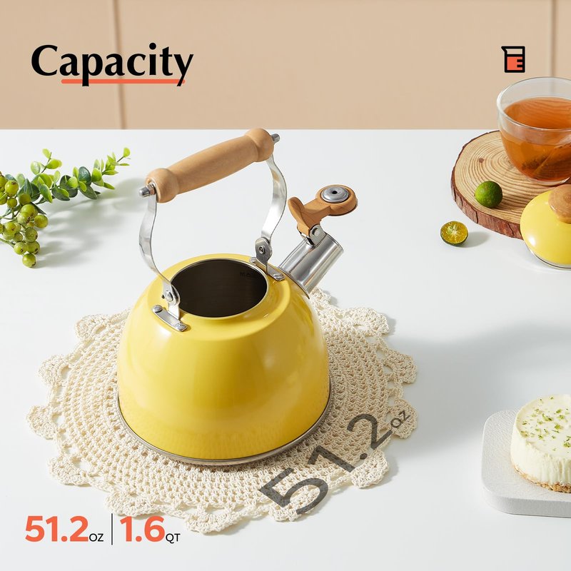 ROCKURWOK Tea Kettle, Tea Pot with Cool Touch Ergonomic Handle, Teapot Food Grade Stainless Steel, Tea Kettle Stovetop, Kettle Teapot, Whistling Tea Kettle, Small Tea Kettles, 1.6 Quart (Yellow)