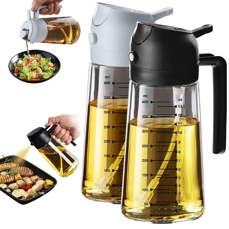 TrendPlain 16oz/470ml Glass Olive Oil Sprayer for Cooking – 2 in 1 Olive Oil Dispenser Bottle for Kitchen Gadgets and Air Fryer Accessories, Salad, BBQ - Black & Ash