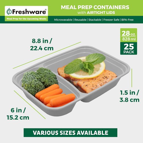 Freshware Meal Prep Containers - 25 Pack 2-Compartment Bento Boxes | BPA-Free, Stackable, Microwave Safe (28 oz) - Grey