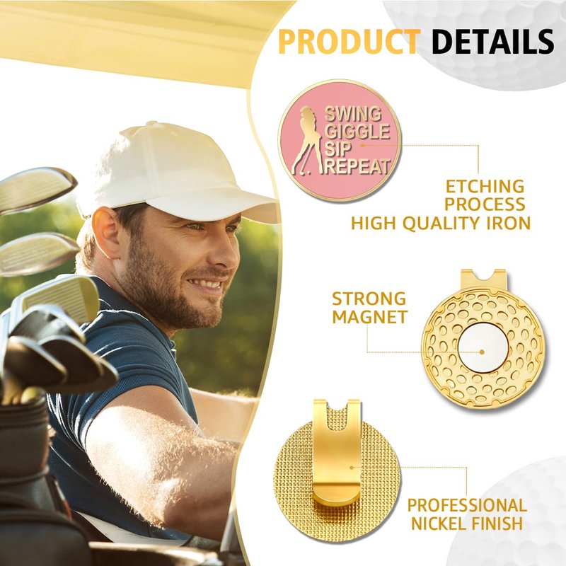 rofiowa Swing Giggle Sip Repeat Pink Gold Golf Ball Marker with Hat Clip, Funny Golf Accessories for Women, Christmas Mother's Day Birthday Gifts for Golf Fan Golfer, Novelty Golf Gifts for Her