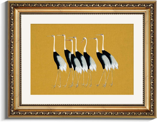 VIYYIEA Gold Framed Wall Art - Vintage Cranes Canvas Print for Living Room | 11x14in Home Decor