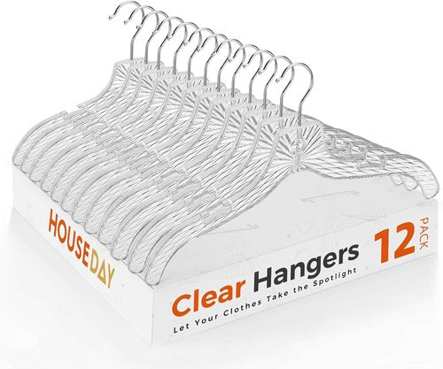 HOUSE DAY Clear Plastic Hangers - Durable 12-Pack Crystal Dress Hangers for Women | 16.7'' Versatile Design with 360° Swivel Hook