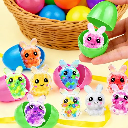 Easter Basket Stuffers 24 Pack Prefilled Easter Eggs with Bunny Stress Ball Fidget Toy 12 Color Squeeze Squishy Relief Toy for Kids Boys Girls Filler Easter Egg Hunt Party Favors Gifts Classroom Prize