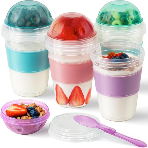 Freshmage 20 oz Yogurt Parfait Cups - Reusable Overnight Oats Containers with Lids & Spoons | 4 Pack